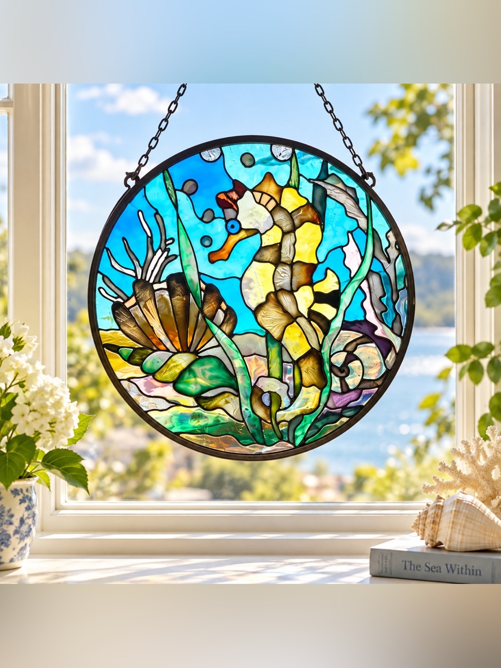 🌊 Coastal Seahorse Stained Glass Style Sun Catcher • Beach House Nautical Decor